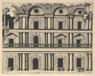 宫殿外墙的废墟[Palatium M. Agrippa]，来自 "Ruinarum variarum fabricaru... "系列，1554。 作者 兰伯特·苏维乌斯