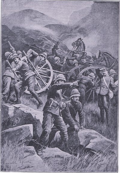 一把枪翻倒在山坡上，来自比勒陀利亚：游击队战争由Harmsworth Bros Limited出版，1901年 作者 兰斯洛特速度