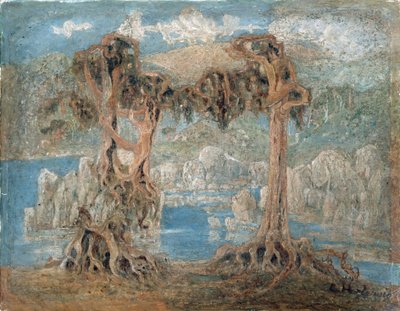 "风景 "挪威海边的树木--拉尔斯-赫特维格（1830-1902 年）的画作 1902 年 挪威奥斯陆国家艺术博物馆 作者 Lars Hertervig