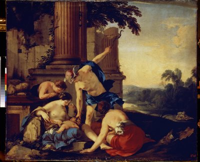 "墨丘利将孩子巴克斯送给尼萨仙女" Laurent de la Hyre（1606-1656 年）1638 年绘制 尺寸：112.5x135 厘米 圣彼得堡冬宫博物馆 作者 劳伦·德拉·海尔