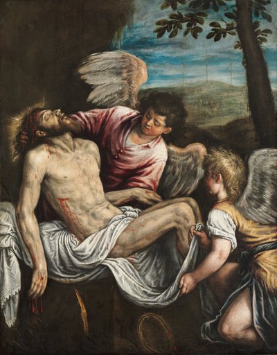 死去的基督与天使，c。 1580（布面油画） 作者 Leandro da Ponte Bassano
