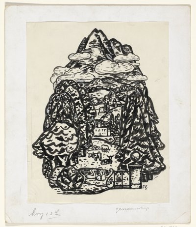有树和牛的山风景 作者 Leo Gestel（艺术家签名）