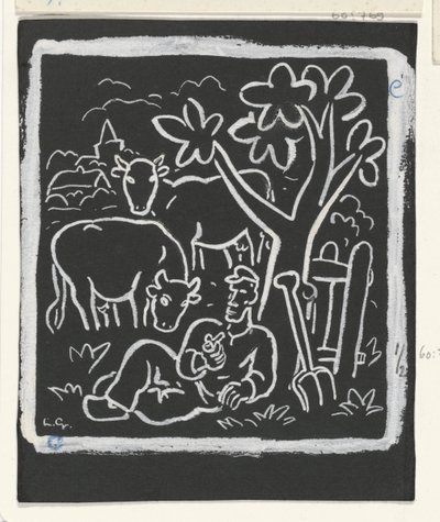 农民与牛群在草地上的树下休息 作者 Leo Gestel（艺术家签名）