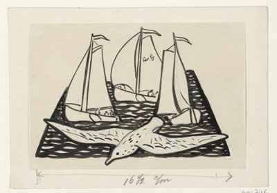 三艘帆船和一只海鸥 作者 Leo Gestel（艺术家签名）