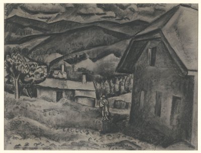 房屋前带着孩子的妇女与风景 作者 Leo Gestel（艺术家签名）