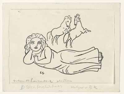躺着的女人和两匹马 作者 Leo Gestel（艺术家签名）