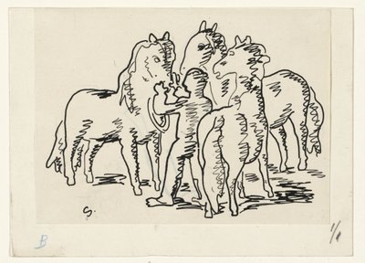 牵着三匹马的男人 作者 Leo Gestel（艺术家签名）