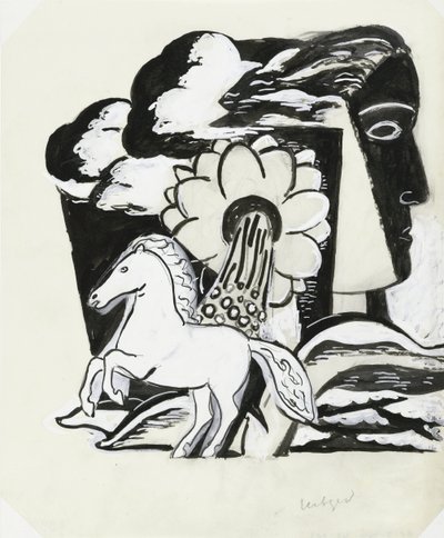 奔马、花和头（素描） 作者 Leo Gestel（艺术家签名）