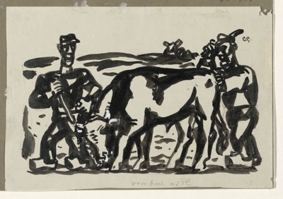 两个农民和一头牛 作者 Leo Gestel（艺术家签名）