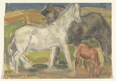 风景中的两匹马和一匹小马驹 作者 Leo Gestel（艺术家签名）