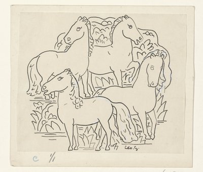 四匹马 作者 Leo Gestel（艺术家签名）