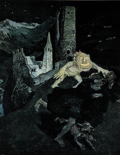 城堡的幽灵，出自《青年》，慕尼黑，约1900年（彩色平印）。 作者 狮子座石膏