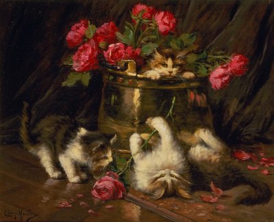 嬉戏的小猫（布面油画） 作者 莱昂·查尔斯·胡伯