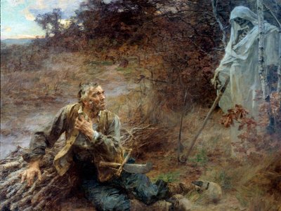 死亡与樵夫寓言的插图 作者 Jean de La Fontaine (1621-1695) Leon Augustin Lhermitte (1844-1925) 绘画，1893 年，2.06 x 2.42 米，蒂埃里城堡，博物馆 La Fontaine - 死亡和伐木者。 让·德拉的寓言插图 作者 莱昂·奥古斯丁·莱米特