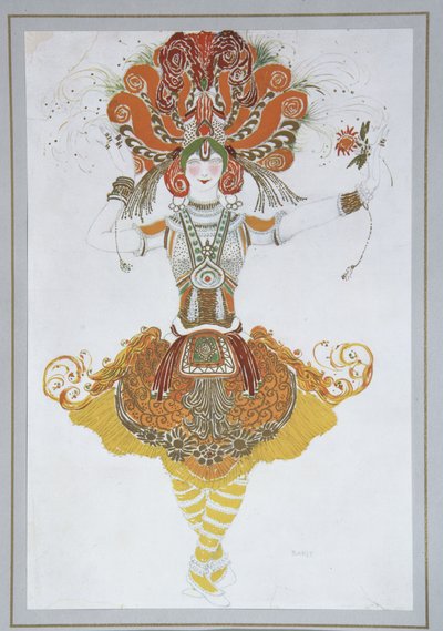 I. Stravinsky创作的芭蕾舞剧《 Firebird Loiseau de feu》中的Tamara Karsavina服装设计，1909-1910年 作者 莱昂·巴克斯特
