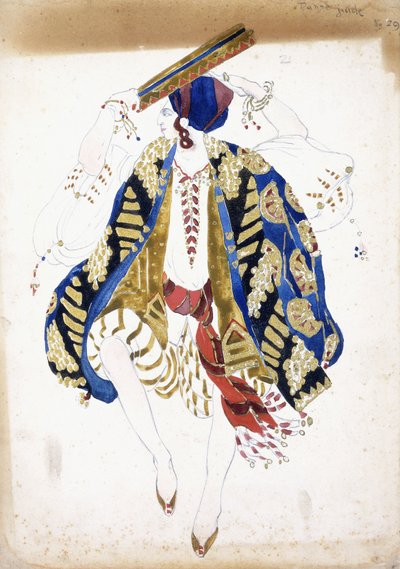 “ Danse Juive”中一位男舞者的服装设计，穿着短衫和头巾，演奏手鼓， 作者 莱昂·巴克斯特