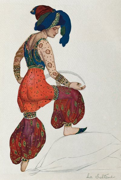 1910 年芭蕾舞剧“Sheherazade”中苏丹角色的 Vaslav Nijinsky 或 Nijinsky (1889-1950) 服装（纸本水彩） 作者 莱昂·巴克斯特
