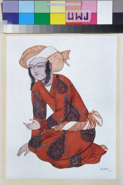 尼古拉-里姆斯基-科萨科夫（Rimsky-Korsakov）（1844-1908 年）的芭蕾舞剧《谢赫拉莎德》的服装设计 - 莱昂-巴克斯特（1866-1924 年）的作品，1922 年石版画 - （尼古拉-里姆斯基-科萨科夫（Rimsky-Korsakov）的芭蕾舞剧《谢赫拉莎德》的服装设计，莱昂-巴克斯特（1866-1924 年）的作品，1922 年石版画）。 作者 莱昂·巴克斯特