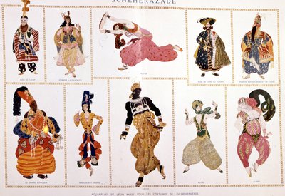 “”谢赫拉扎德”（Sheherazade）的服装。 由尼古拉斯 (Nikolai) 里姆斯基·科萨科夫 (Rimski-Korsakov) (1844-1908) 执导，由利奥·巴克斯特 (Leo Bakst) 执导。 作者 Leon Bakst