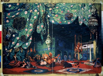 尼古拉-里姆斯基-科萨科夫（Rimsky-Korsakov）（1844-1908 年）根据《一千零一夜》改编的芭蕾舞剧《谢赫拉莎德》的舞台设计（尼古拉-里姆斯基-科萨科夫（Rimsky-Korsakov）芭蕾舞剧《谢赫拉莎德》的舞台设计。设计：莱昂-巴克斯特（1866-1 作者 莱昂·巴克斯特
