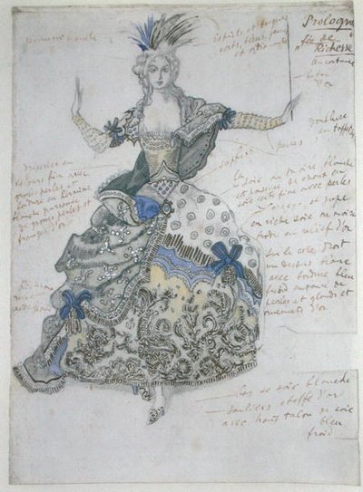 La Belle au Bois Dormant，"La Fee de Richesse "的服装设计（纸上水彩，铅笔，白色和金色加高）。 作者 莱昂·巴克斯特