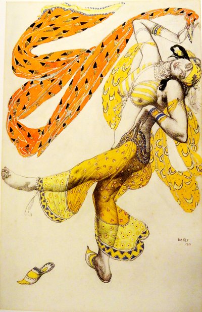 怪诞的。 N. Rimsky-Korsakov的芭蕾舞剧Sheherazade的服装设计，1910年 作者 Leon Bakst