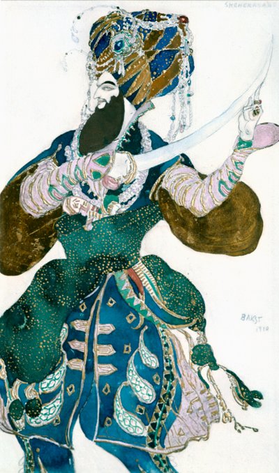 波斯国王莎（Shah of Persia），为俄罗斯芭蕾舞团（Scheherazade）生产的服装设计，创作于1913年。 作者 莱昂·巴克斯特
