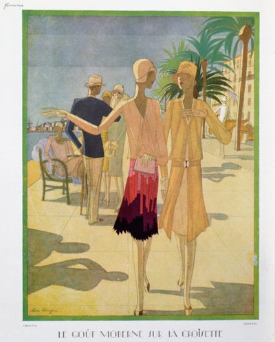 时尚人士在戛纳的 Croisette 长廊漫步，《Femina》杂志插图，1927 年圣诞节（彩色平版） 作者 莱昂·贝尼尼