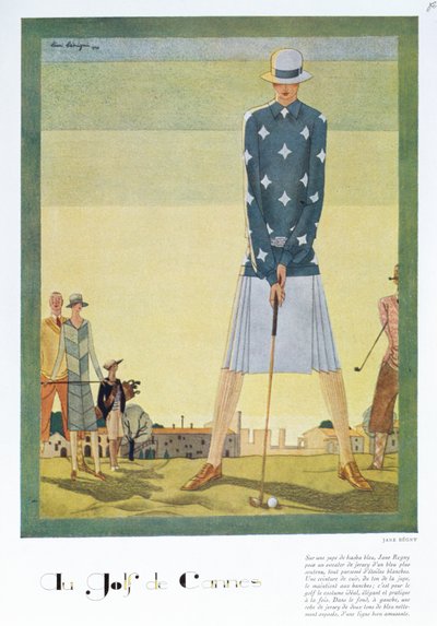 简-雷格尼设计的高尔夫球裙，《Femina》杂志时装版，1926 年圣诞节（彩色石版印刷）。 作者 莱昂·贝尼尼