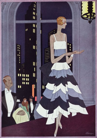 《纽约摩天大楼的目光下》，《Femina》杂志的时尚版画，1928 年 12 月（彩色平版印刷） 作者 莱昂·贝尼尼