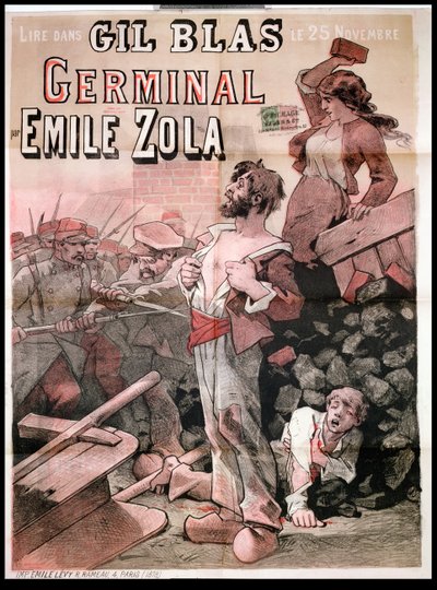 海报在1878年11月25日的&39;Gil Blas&39;中宣传Emile Zola（1840-1902）出版的&39;Germinal&39; 作者 Leon Choubrac