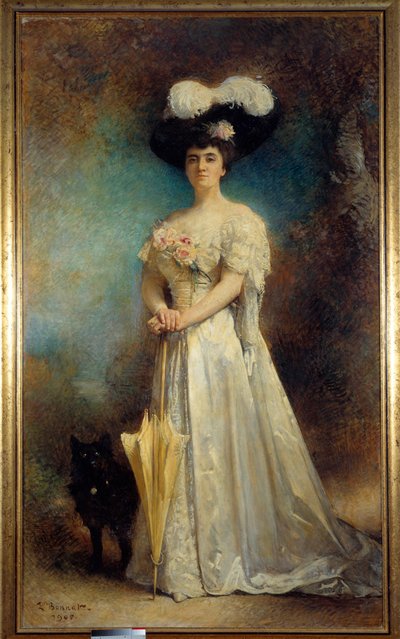 莫里斯·帕斯卡夫人和她的狗的全长肖像 小画 由 Leon Joseph Bonnat (1833-1922) 1905 年 2.17x0.9 米波城，美术博物馆 - Maurice Pascal 夫人和她的狗 Tiny 的全长肖像。 Leon Joseph Bonnat 的绘画（1833-19 年） 作者 莱昂·约瑟夫·弗洛伦汀·波纳特