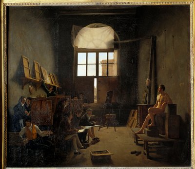 1814 年大卫在四国学院（今法兰西学院）的工作室内部。 Mathieu Cochereau (1793-1817) 的绘画 作者 Leon Mathieu Cochereau