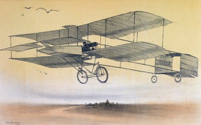 1914年前法尔曼兄弟的一次飞行（彩色平版印刷）。 作者 里昂·波索米斯