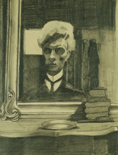 自画像； 自画像，c.1907（米黄色纸上木炭和蜡笔） 作者 里昂·斯皮里亚特