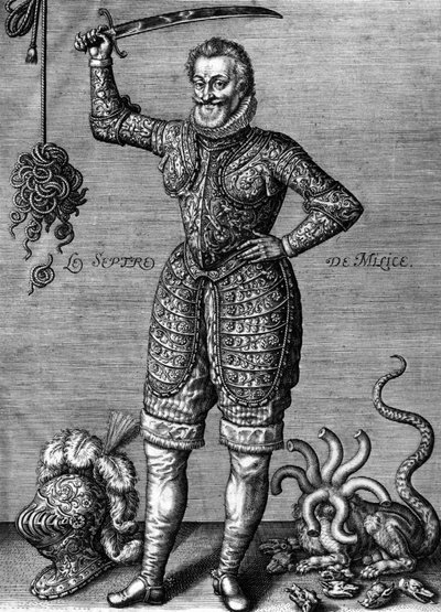 Henri IV (1553-1610) mfumu yaku France mu 1589-1610, pano atavala zida, atanyamula lupanga, ngati wolimbana ndi zolakwika, zolemba ndi Leonard Gaultier 作者 伦纳德·高缇耶