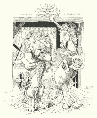 狮子和独角兽，为王冠而战（雕刻）。 作者 伦纳德·莱斯利·布鲁克