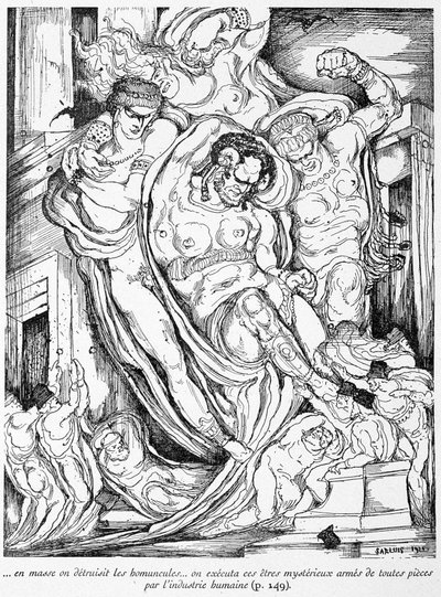 在质量上，同源分子被摧毁了，这些神秘的生命被人类工业所毁灭--见 G. de Pawlowski 所著《四维空间之旅》，Léonard Sarluis（1874-1949 年）插图，Eugène Fasquel 编辑。欧仁-法斯奎尔，巴黎 作者 