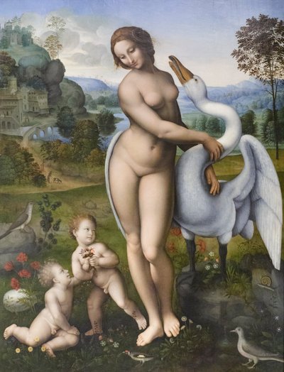 莱达与天鹅》，根据达芬奇临摹（钢笔画镶板） 作者 达芬奇（后）芬奇
