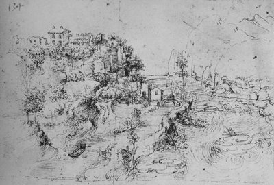 一条河边有一条运河，山上有一座城堡，c1480 1945年 作者 达芬奇（Leonardo da Vinci）