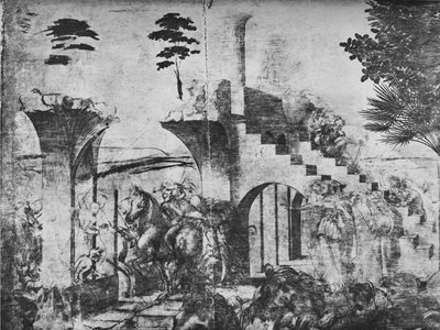 贤士的崇拜-左边中间距离的骑兵，c1481 1945 作者 达芬奇（Leonardo da Vinci）