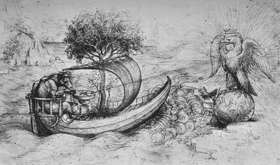 寓言：站在地球仪上的冠鹰和操纵船的狼，c1480 1945年 作者 达芬奇（Leonardo da Vinci）