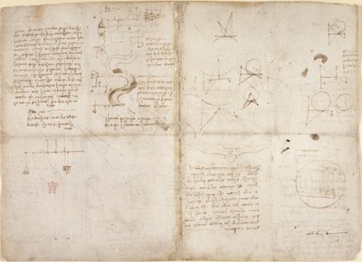 Arundel 263， f.135v， f.134，关于力学的注释和图表；关于河道和水流的注释和示意草图，选自 "Codex Arundel"，约 1503 年（纸上钢笔和墨水）。 作者 达芬奇（Leonardo da Vinci）