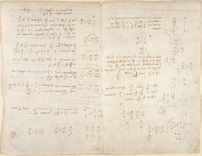 Arundel 263，f.220v，f.221，注释；数学计算，选自 "Codex Arundel"（纸上钢笔和墨水）。 作者 达芬奇（Leonardo da Vinci）