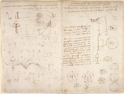 Arundel 263，f.221v，f.220 《阿伦德尔法典》中的注释、图表和草图（纸张上的钢笔和墨水） 作者 达芬奇（Leonardo da Vinci）