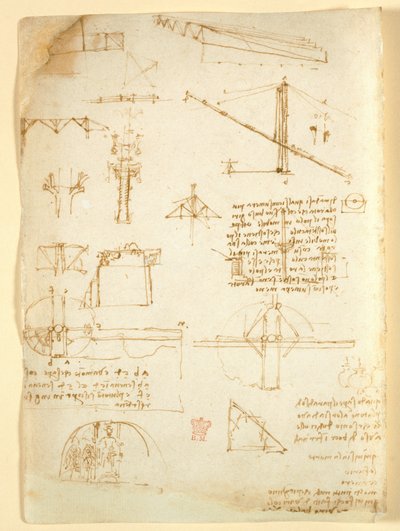Arundel 263 f.231v，机械笔记和草图，选自 "Codex Arundel"（纸张上的钢笔和墨水） 作者 达芬奇（Leonardo da Vinci）