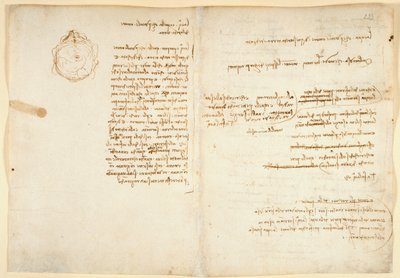 Arundel 263 f.236v, f.233 关于水的注释；地球仪素描，选自 "Codex Arundel"（纸上钢笔和墨水）。 作者 达芬奇（Leonardo da Vinci）