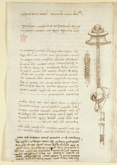 Arundel 263, f.24v 莱昂纳多研究潜水员呼吸器的笔记和草图（1508 年），选自 "Codex Arundel"（纸上钢笔和墨水）。 作者 达芬奇（Leonardo da Vinci）
