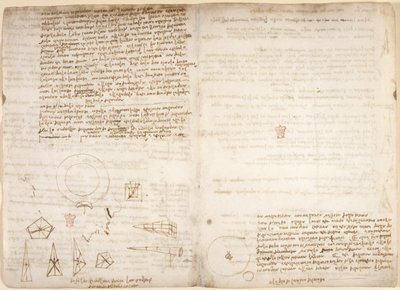 Arundel 263，f.266v，f.267 宇宙学笔记（上下颠倒）；莱昂纳多观察重心的示意图，出自 "Codex Arundel"，约 1506-8 年（纸上钢笔和墨水） 作者 达芬奇（Leonardo da Vinci）