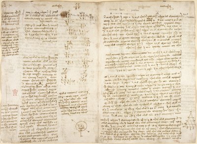 Arundel 263, f.279v f.280, 题为 "prespectiva "的笔记、数学计算和图表，关于 "苛性 "金字塔、力学（参考阿基米德）、天文学和力学，约 1515 年（纸上的钢笔和墨水）。 作者 达芬奇（Leonardo da Vinci）